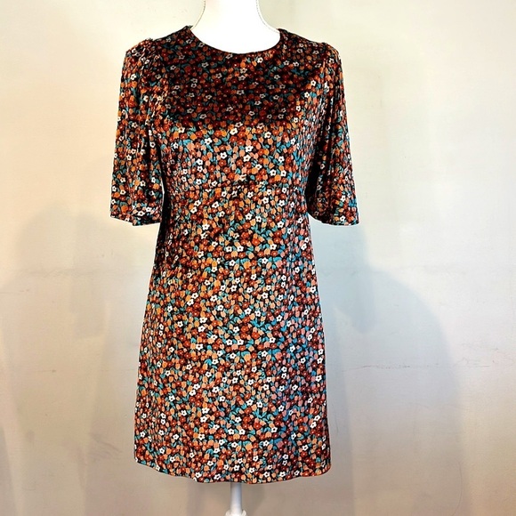 Zara Mod Floral Velvet Mini Dress Black Short Sleeve Size Medium - Picture 2 of 8